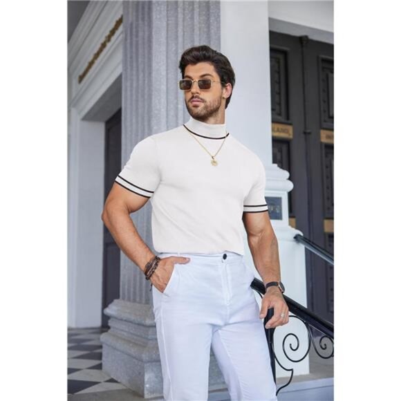 Mens Mock Turtleneck Sweater Short Sleeve Casual Dress Sweater Shirt - Picture 6 of 6